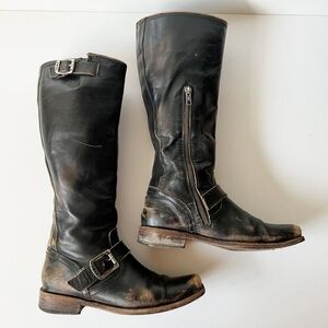 Frye Knee High Distressed Leather Boots Square Toe Engineer Buckle Biker 7.5